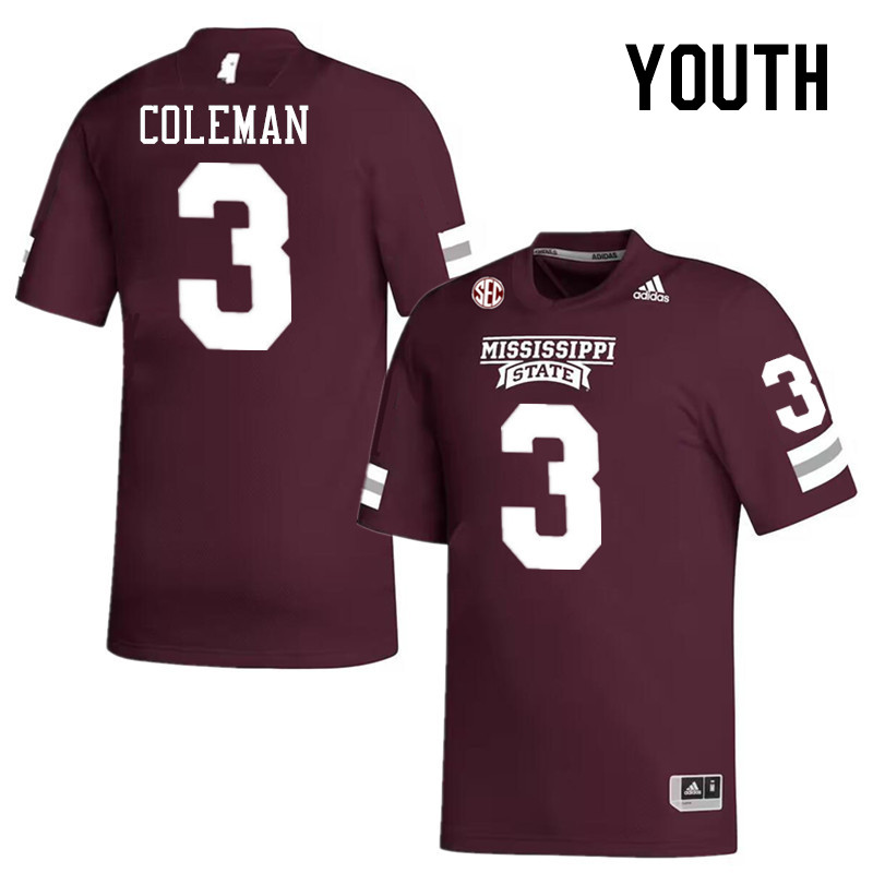 Youth #3 Kevin Coleman Mississippi State Bulldogs College Football Jerseys Stitched-Maroon